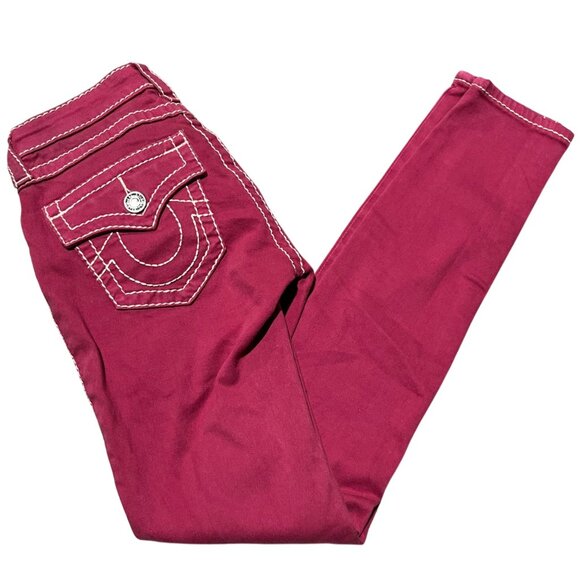 True Religion World Tour Women’s White Stitching Section Skinny Red Jeans 27 - Picture 4 of 8